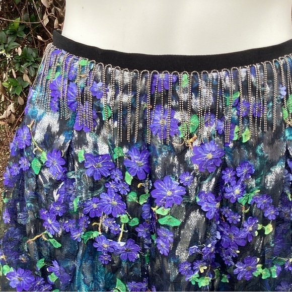 💋Elie Tahari Floral Mesh Metallic Chain Fringe A-Line Flouncy Skirt - Picture 2 of 9